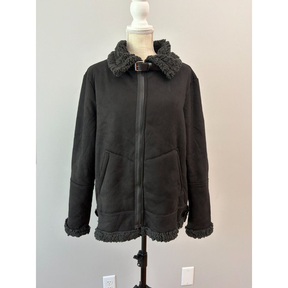 Black Faux Suede Sherpa Lined Aviator Biker Jacket Large Buckle Streetwear